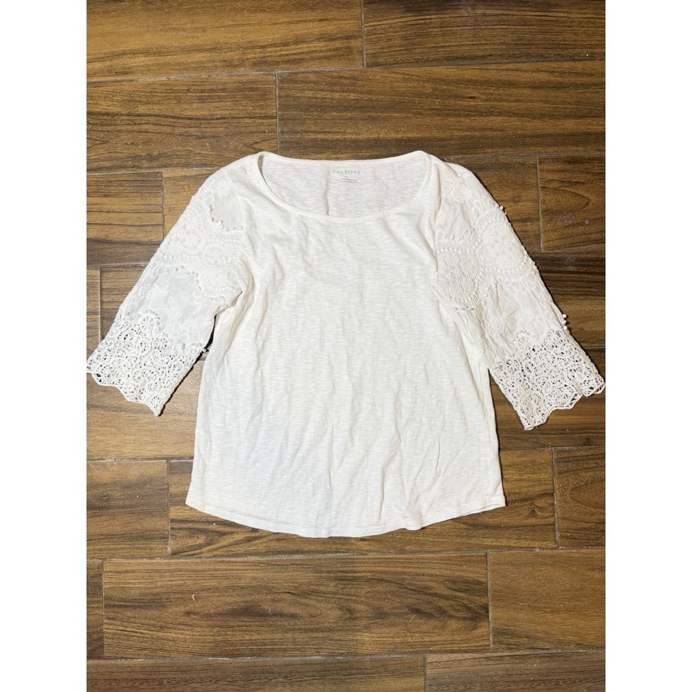 Talbots Womens Small Ivory Crochet Lace Sleeve Cotton Top Boho Cottagecore